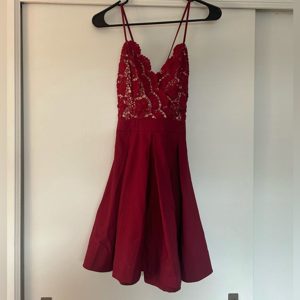 Pleated, lace, dark red short prom or bridesmaids dress, size small